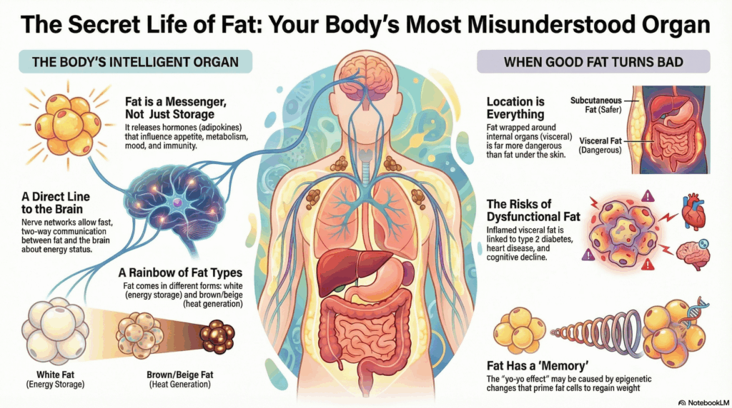 Diagram explaining the role and misconceptions of fat in the body.